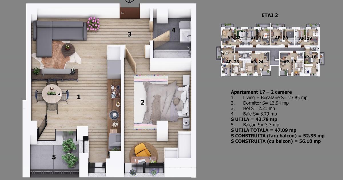 Apartament decomandat cu 2 camere în zona Central, Otopeni