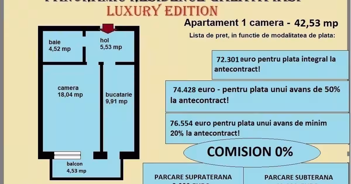 Apartament 1 camera de vanzare in Iasi, Galata, 42,53 mp, bloc nou