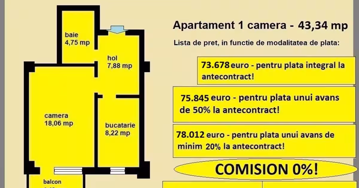 Apartament 1 camera de vanzare in Iasi, Galata, 43,34 mp, bloc nou