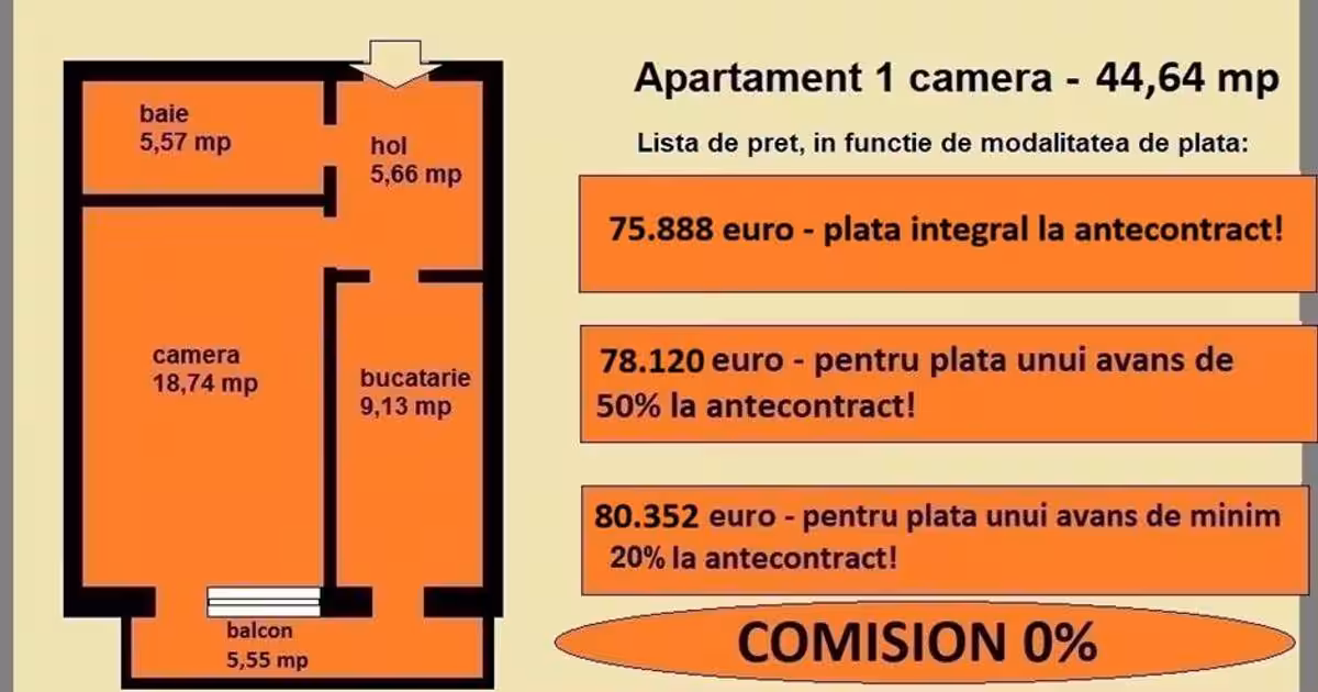 Apartament 1 camera de vanzare in Iasi, Galata, 44,64 mp, bloc nou