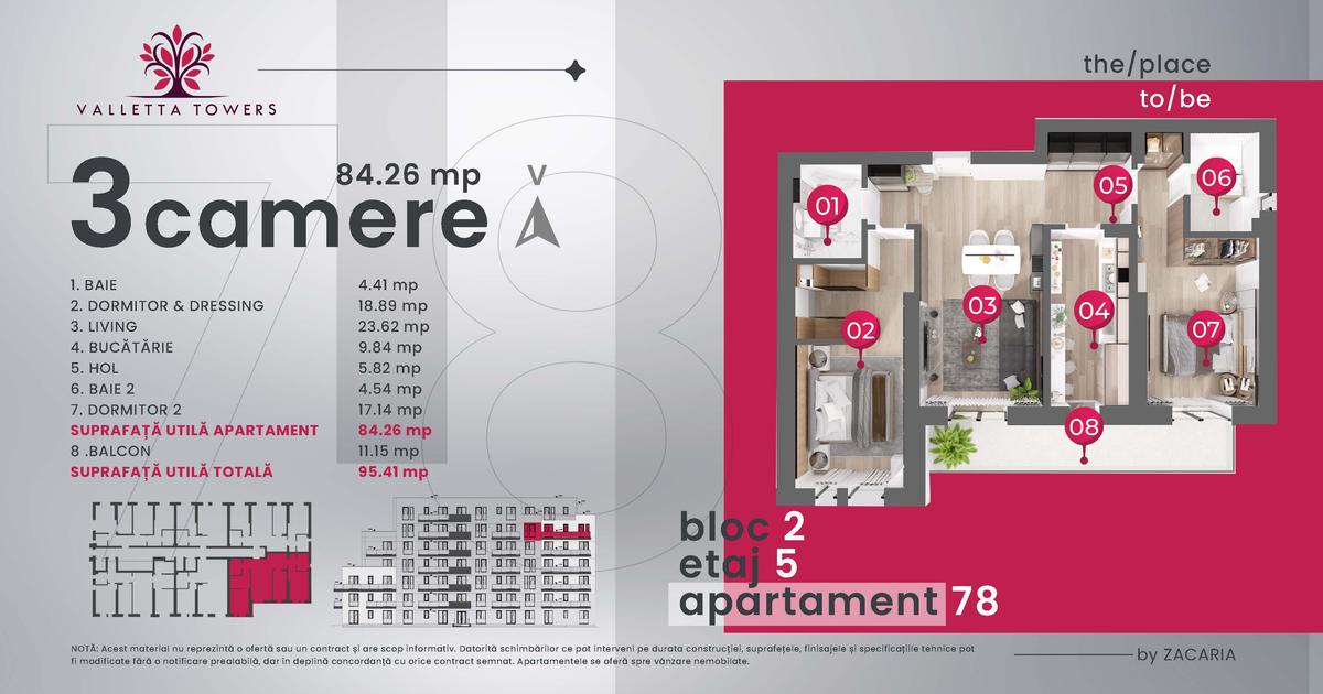 Apartament 3 camere/etaj 5/96mp utili/Valletta Towers/Craiova