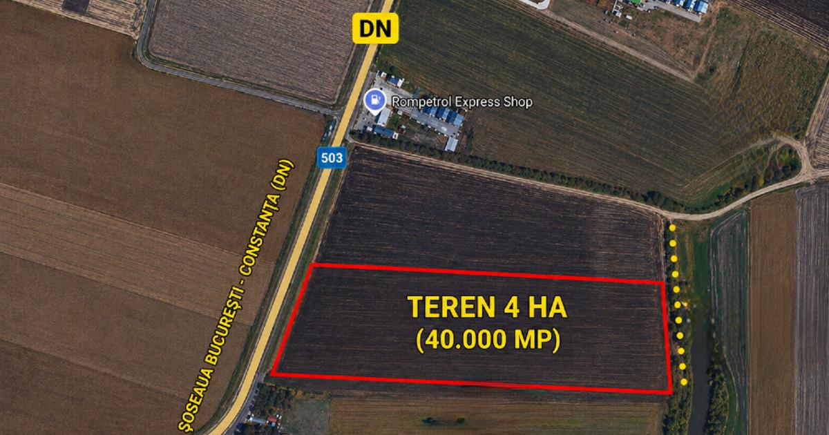 Teren 4 ha DN București–Constanța | 4 km A2 | Gaz + curent | Ideal logistic / fo