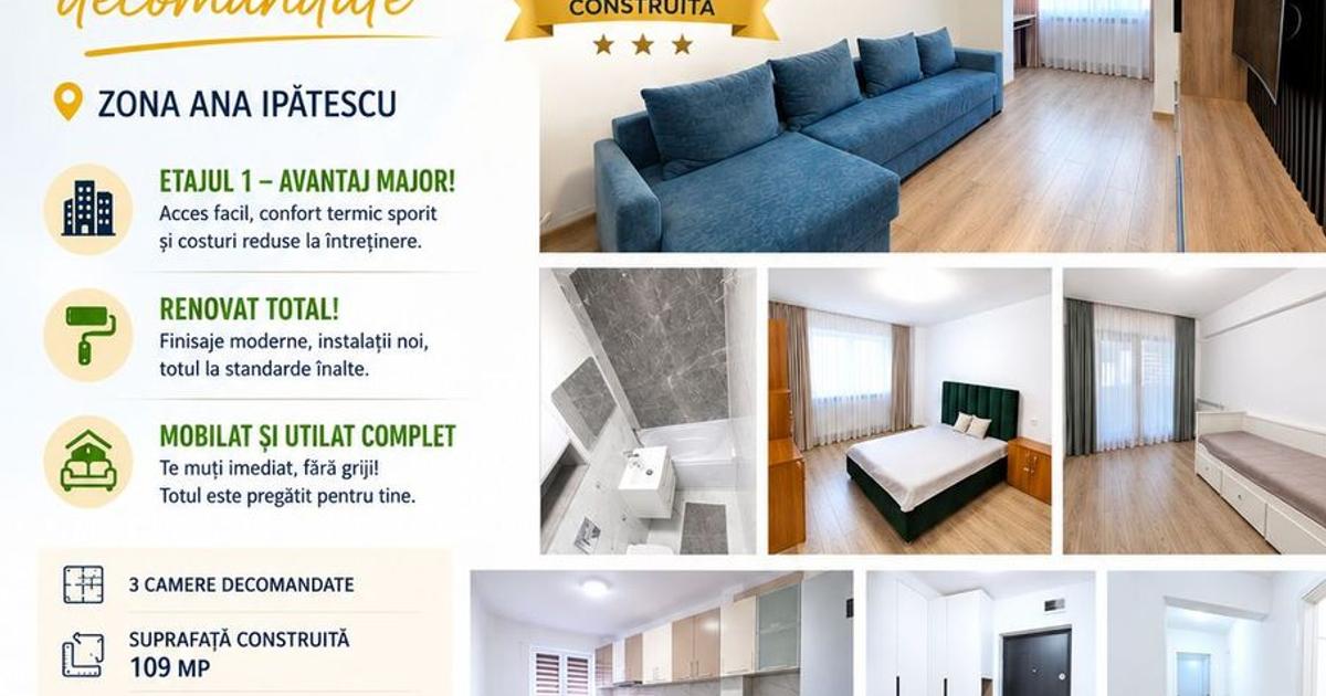Apartament 3 camere, ETAJ 1, 109 mp, mobilat și utilat, VASLUI - ANA IPĂTESCU;