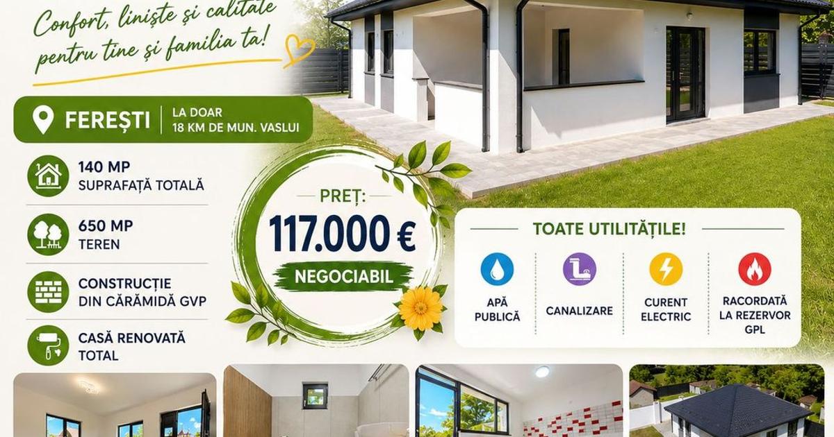CASA individuala nouă, cu teren 650 mp, localitatea FEREȘTI - VASLUI;