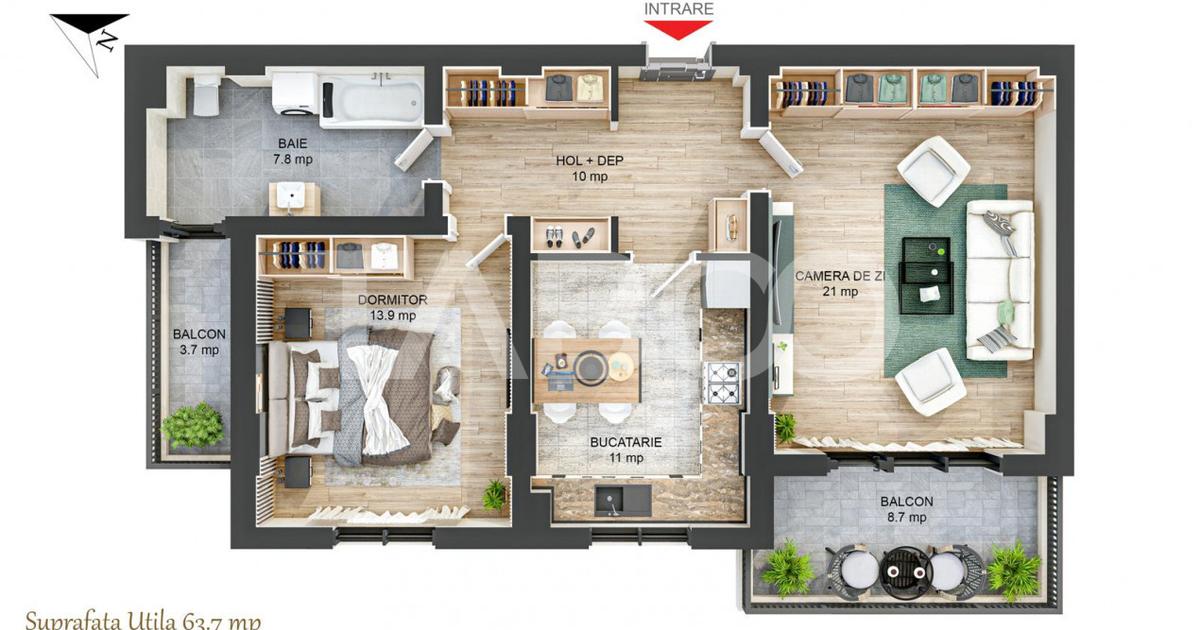 Apartament decomandat 2 camere 64 mpu 2 balcoane 12 mp Rahovei Sibiu