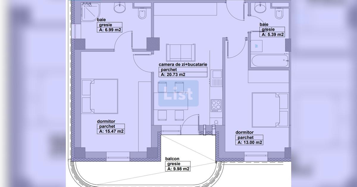 Apartament de vânzare, 3 camere, 61m², 2 băi, lift, balcon - Baia Mare