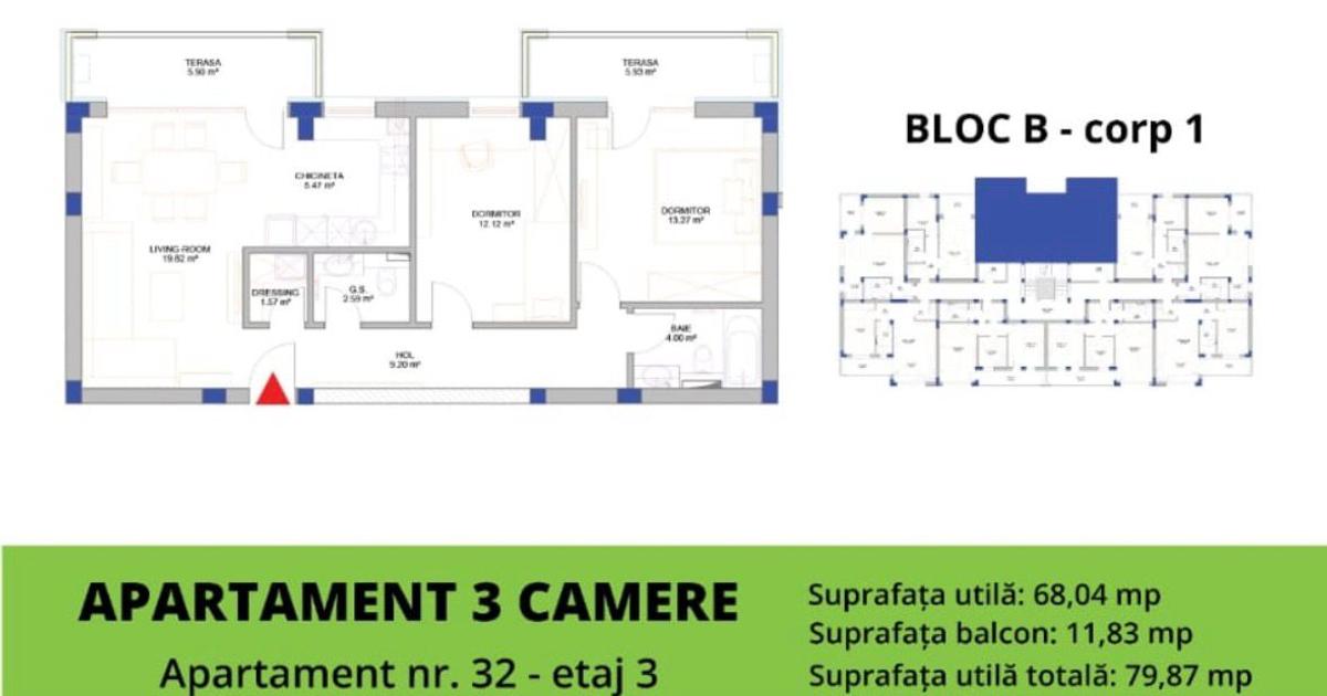 Apartament 3 camere - bloc nou - etaj 3/5