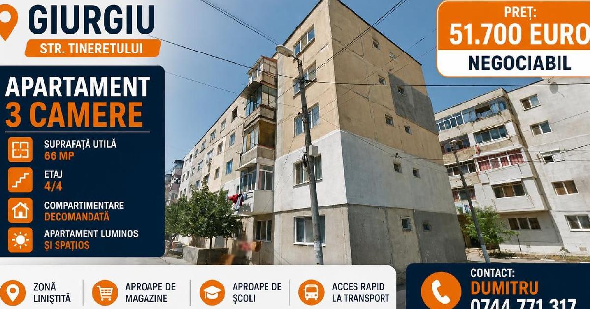 Giurgiu, Apartament cu 3 camere - 66 mp - ETAJ 4 - str. Tineretului