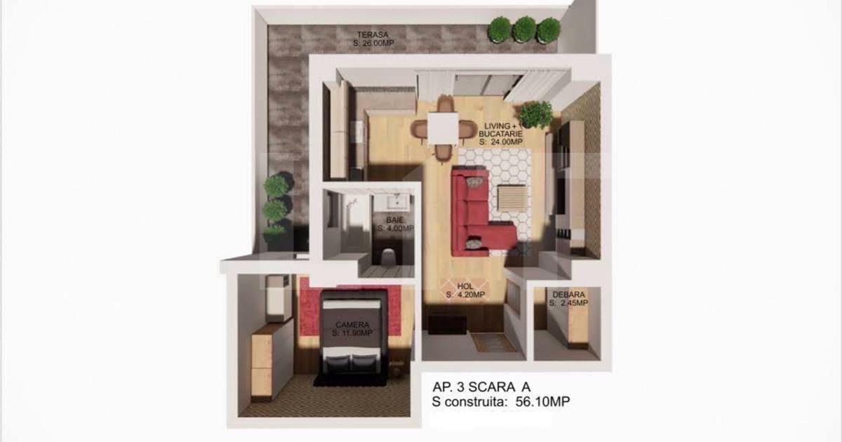 Apartament cu 2 camere, 56 mp, zona Centrala